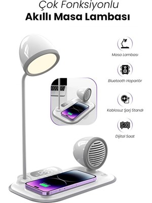Kensa 4-In-1 Kablosuz Şarj Standı – iPhone & Android Uyumlu, Siyah Masa Lambası ve Bluetooth Hoparlörlü