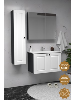 Teta Home Aldera 80 cm Mdf Gövde Membran Kapak Banyo Dolabı Seti + Boy Dolabı