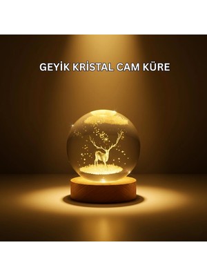 Shoplet Buğz USB Bağlantılı Geyik Temalı Kristal Küre Premium Masa Gece Lambası