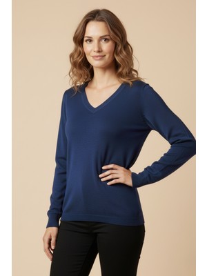 Libas Verda Kadın V Yaka Mavi Triko Kazak