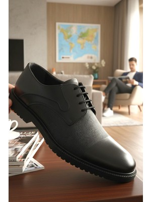 Enoch Hakiki Deri Siyah Mikro Dokulu ve Tırtıklı Kalın Tabanlı Bağcıklı Erkek Casual Ayakkabı