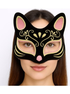 İlkyaz Fashion Siyah Renk Süet Kaplama Üzeri Pembe Sarı Simli Kedi Maskesi 17X14 cm