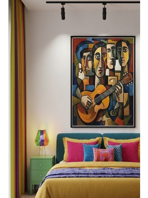 Safir Design Modern Sanat Esintili Gitarist Figürlü Çerçeveli Tablo, Çok Renkli Geometrik Portreler ve Gitar Figürlü Çerçeveli Tablo