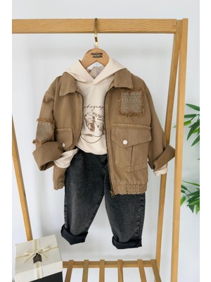 Miniğimin Cicileri Vintage Baskılı Kapüşonlu Erkek Çocuk Ceket Pantolon 3 Lü Takımı - Kahverengi