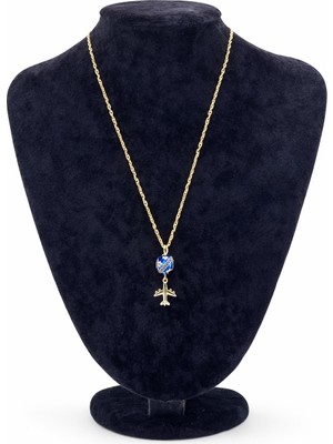 Pangu Mavi Renk Detaylı Uçak Figürlü Altın Renk Çelik Kolye