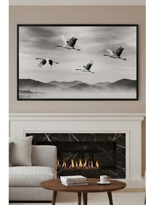 Safir Design Salon Için Siyah Beyaz Manzaralı Çerçeveli Tablo, Siyah Beyaz Doğa ve Göç Eden Kuşlar Çerçeveli Tablo