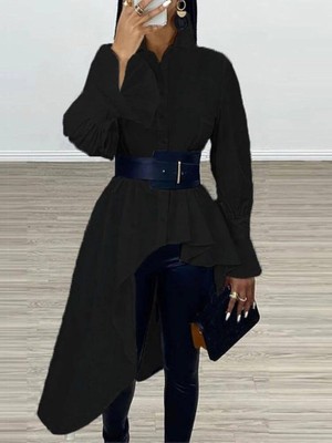 Etiler Collection Kadın Pamuk Polyester Kumaş, Asimetrik Kesim Gömlek (Kemer Dahil)