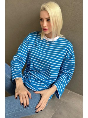 Madmext Turkuaz Bisiklet Yaka Çizgili Uzun Kollu Tişört MG2362