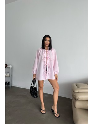 Etiler Collection Gömlek Poplin Hakim Yaka Önden Bağlama Ip Detaylı - Pembe