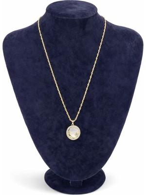 Pangu Sedef Detaylı Yuvarlak Madalyon Altın Renk Çelik Kolye