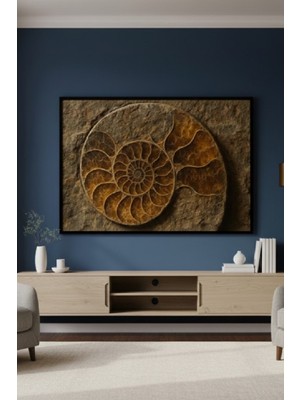 Safir Design Salon Için Antik Formlu Derinlikli Fosil Resmi Çerçeveli Tablo, Doğal Taş Görünümlü Spiral Formlu Çerçeveli Tablo
