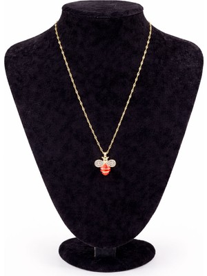 Pangu Altın Renk Kırmızı Taşlı Zirkon Detaylı Arı Figürlü Çelik Kolye