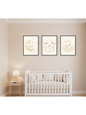 Safir Design Bebek Odası Için Yıldız ve Ay Temalı Tavşanlı 3'lü Çerçeveli Tablo Seti