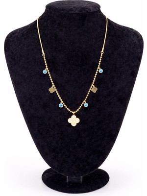 Pangu Nazar Boncuklu Yonca Figürlü Altın Renk Çelik Kolye