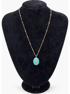 Pangu Turkuaz Mineli Geyik Figürlü Altın Renk Çelik Kolye