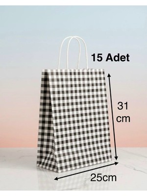 e ERTA Siyah/beyaz Ekose Kraft Çanta 25X31 cm -15 Adet- Hediye Poşeti , Hediye Paketi Kraft Kağıt Çanta