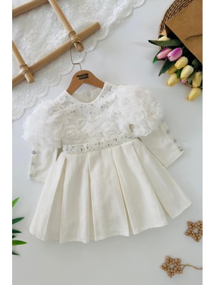 Miniğimin Cicileri Tül Gül Detaylı Taş Işlemeli Kemerli Kız Çocuk Elbise - Ekru