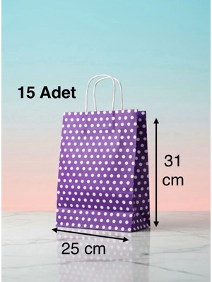 e ERTA Mor Benekli Kraft Çanta 25X31 cm 15 Adet Hediye Poşeti , Hediye Paketi Puantiyeli Kraft Kağıt Çanta