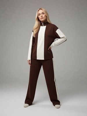 Trendseninle Kadın Kahverengi Yarım Fermuarlı Premium Kumaş Eşofman Takımı