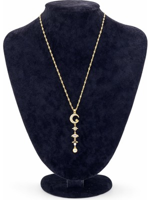 Pangu Ay Yıldız ve Göz Figürlü Altın Renk Uzun Çelik Kolye