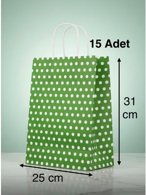 e ERTA Yeşil Benekli Kraft Çanta 25X31 cm 15 Adet Hediye Poşeti, Hediye Paketi Puantiyeli Kraft Kağıt Çanta
