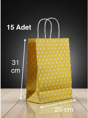 e ERTA Sarı Benekli Kraft Çanta 25X31 cm 15 Adet Hediye Poşeti ,hediye Paketi ,puantiyeli Kraft Kağıt Çanta