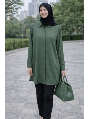 Moda Kadın Haki Tesettür Tunik Gömlek – Salaş Kesim, Uzun Kollu, Gömlek Yaka, Günlük & Ofis Şık