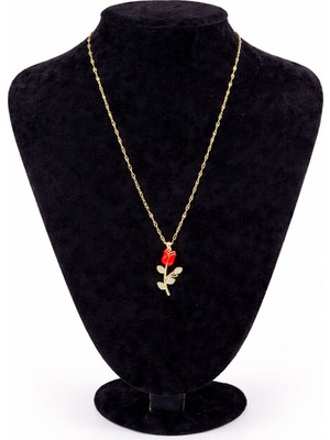 Pangu Altın Renk Kırmızı Gül Figürlü Zirkon Taşlı Çelik Kolye