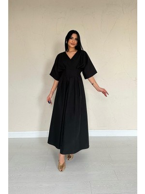 Etiler Collection Siyah Pileli Uzun Elbise