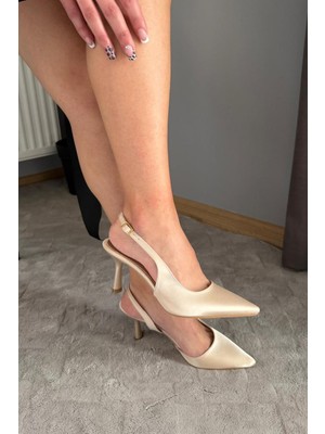 Preshley Kadın Siena Bej Saten 7 cm Topuklu Sivri Burun Arkası Açık Atkılı Ayakkabı