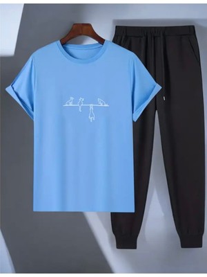 Amor Face Büyük Beden Özel Tasarım Akrobat Kediler Baskılı %100 Pamuk Kısa Kollu Yazlık Kadın Eşofman Takımı