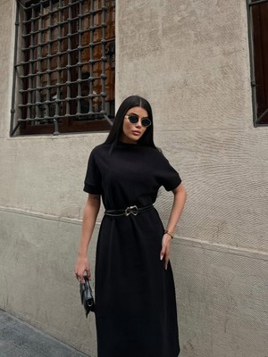 Cemo Kemerli Kısa Kollu Dik Yaka Midi Boy Elbise