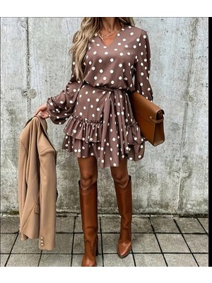 Etiler Collection Kadın Uzun Kollu V Yakalı Belden Kuşaklı Puantiyeli Mini Modal Elbise