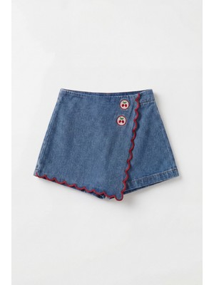 Magu Kız Çocuk Pamuklu Mavi Kiraz Düğmeli Denim Şort Etek