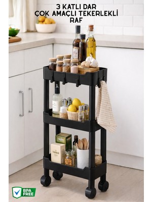 Nandy Home 3 Katlı Dar, Çok Amaçlı, Tekerlekli Düzenleyici Raf, Evye Altı Organizer