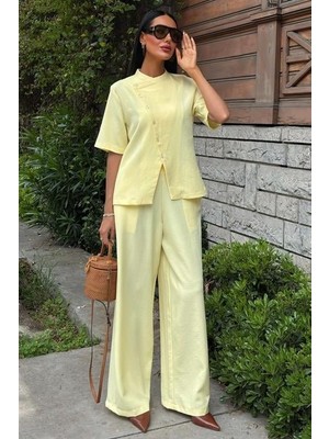 Etiler Collection Hakim Yaka Çapraz Düğmeli Plazzo Pantolon Viscon Keten Takım 10209