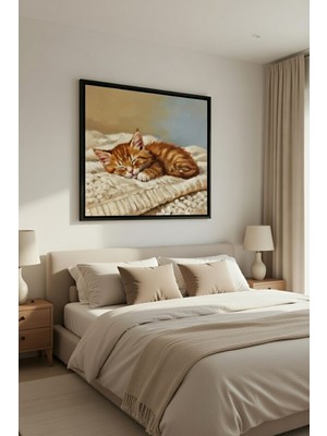 Safir Design Yağlı Boya Efektli Uyuyan Kedi Temalı Çerçeveli Tablo, Modern Sevimli Yavru Kedi Siyah Çerçeveli Tablo