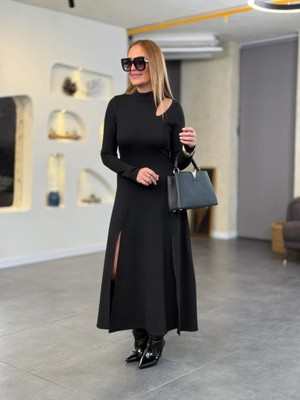 Serac Collection Kadın Balıkçı Yaka Damla Detaylı Yırtmaçlı Uzun Viskon Iki Iplik Maxi Elbise