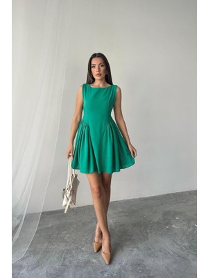 Etiler Collection Yeşil Mini Boy Büzgülü Keten Elbise