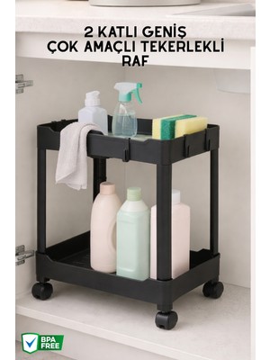 Nandy Home 2 Katlı Geniş, Çok Amaçlı, Tekerlekli Düzenleyici Raf, Evye Altı Organizer