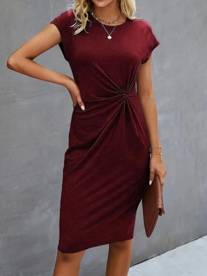 Etiler Collection Kadın Kısa Kollu Bisiklet Yaka Yandan Büzgülü Midi Viskon Elbise