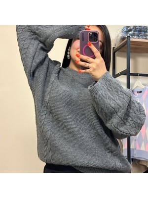 Koyu Gri Bisiklet Yaka Örgü Desen Kadın Triko Kazak