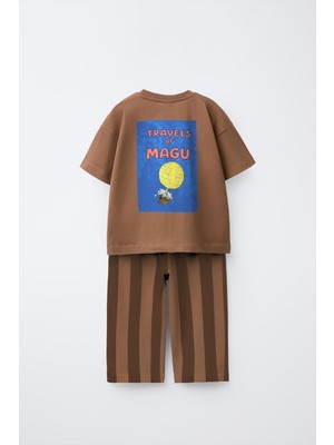 Magu Unisex Çocuk Pamuklu Kahverengi Baskılı T-Shirt ve Çizgili Pantolon Takım
