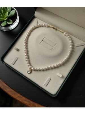 Taşmir Sertifikalı Gerçek Doğal 8 mm Inci Kolye Sedef Charm Altın Kaplama Aparatlar