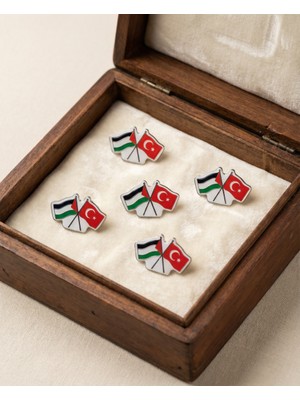 Zaytoon 5\'lu Türkiye ve Filistin Bayarkları Simgesi Beyaz Arkapaneli Renkli Unisex Yaka Rozeti  A300017-05