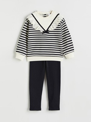 Lcw Siyah Bebe Yaka Çizgili Kız Çocuk Sweatshirt ve Tayt