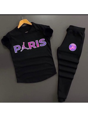 Risil-Nu Company Unisex Siyah Paris Baskılı Slim Fit Tişört- Siyah Dar Kesim Eşofman Altı Kombin Alt Üst Takım 2'li