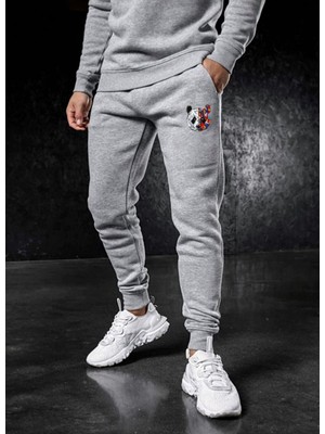Risil-Nu Company Unisex Tokyo Panda Baskılı Kışlık Pamuklu Gri Renk Ribana Paça Eşofman Altı