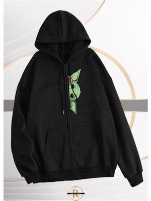 Risil-Nu Company Yeni Sezon Tam Fermuarlı Pamuklu Içi Şardonlu "baby Yoda" Baskılı Kapüşonlu Cepli Sweat Ceket