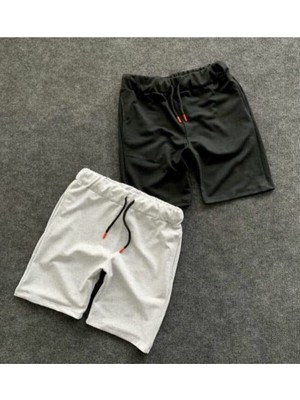 Risil-Nu Company Unisex Gri Siyah Slim Fit Yazlık Şort Lastikli 2'li Konforlu Tasarım